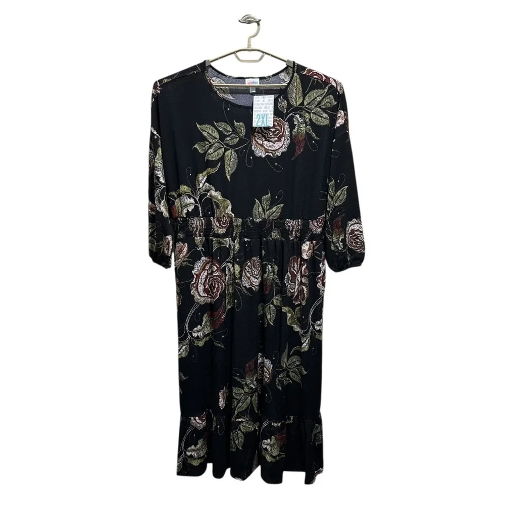 LuLaRoe Evelyn Smocked Waist Maxi Dress 2XL Black Floral Tiered Pockets NWT - Picture 1 of 8